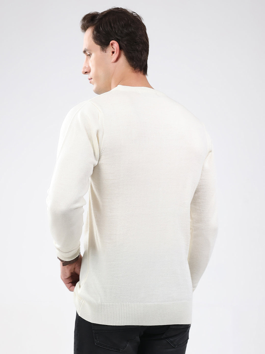 Men Cream Solid Round Neck Full Sleeve Pullover