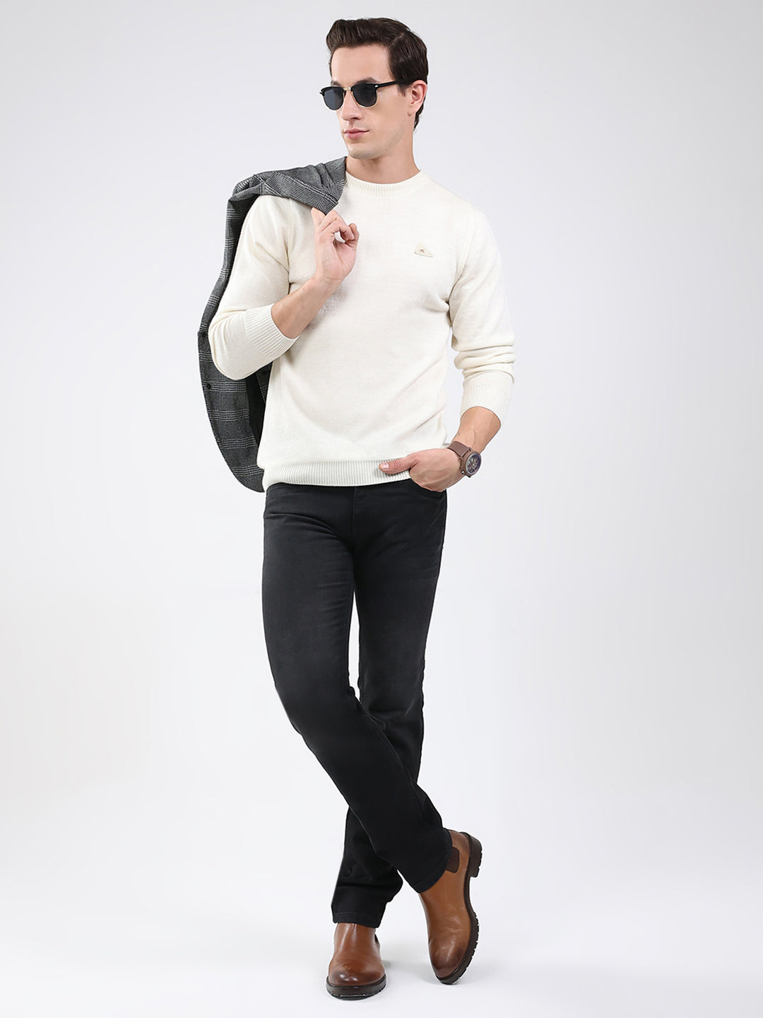Men Cream Solid Round Neck Full Sleeve Pullover