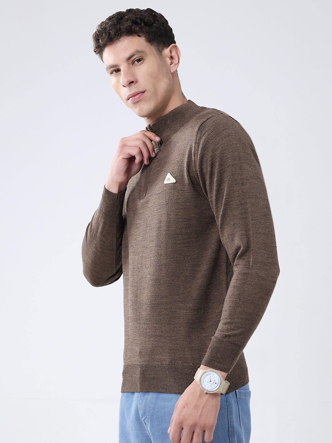 Men Brown Solid Mock Neck Full Sleeve Pullover