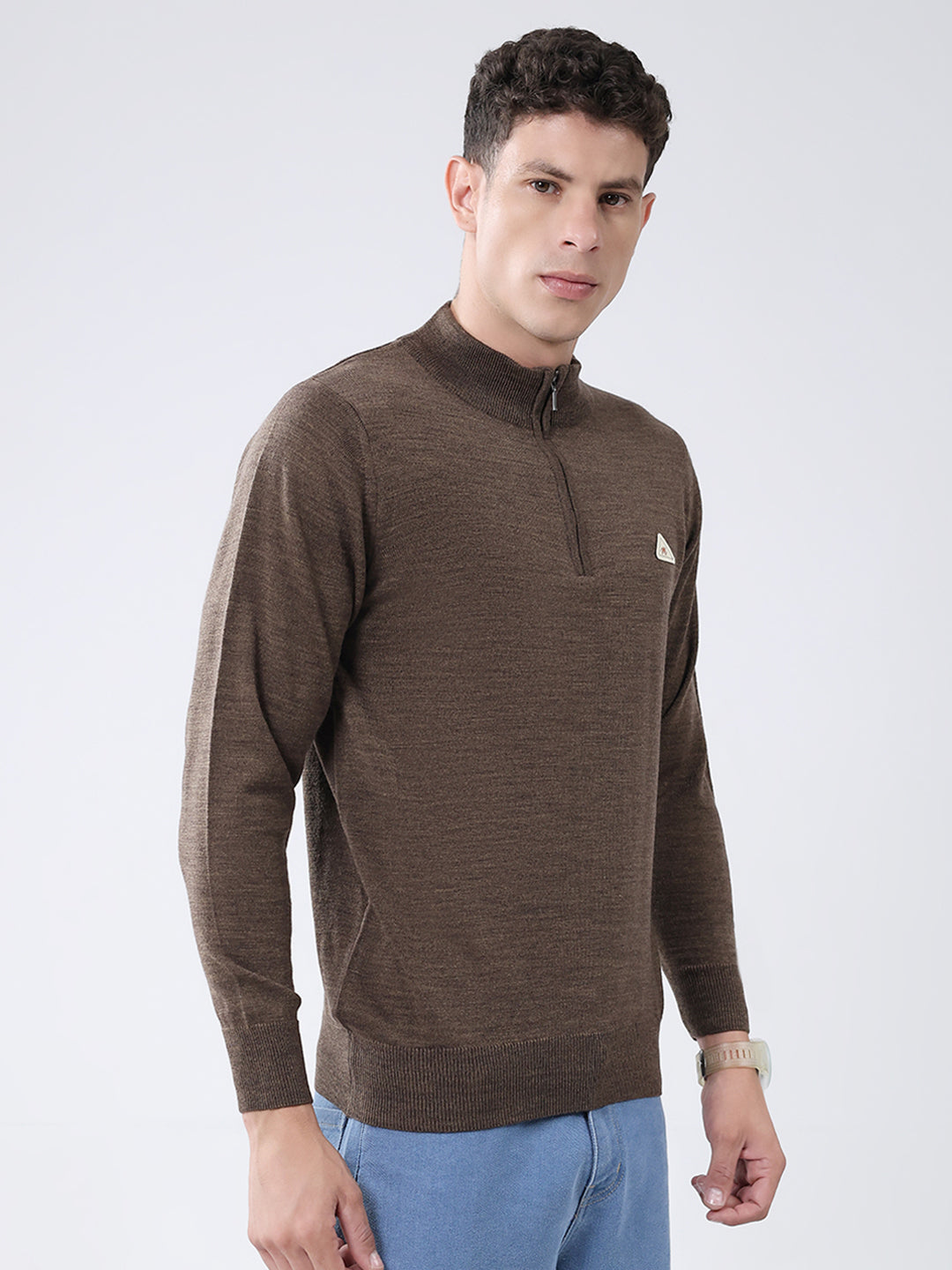 Men Brown Solid Mock Neck Full Sleeve Pullover