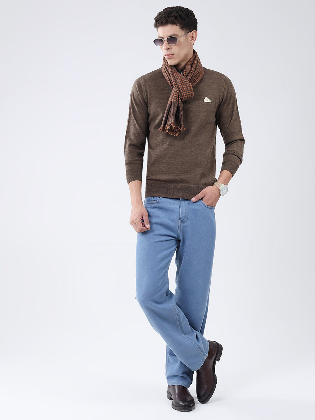 Men Brown Solid Mock Neck Full Sleeve Pullover