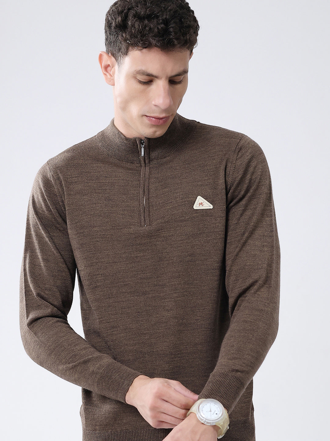 Men Brown Solid Mock Neck Full Sleeve Pullover
