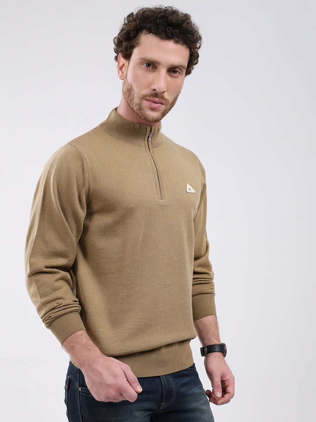 Men Khaki Solid Mock Neck Full Sleeve Pullover