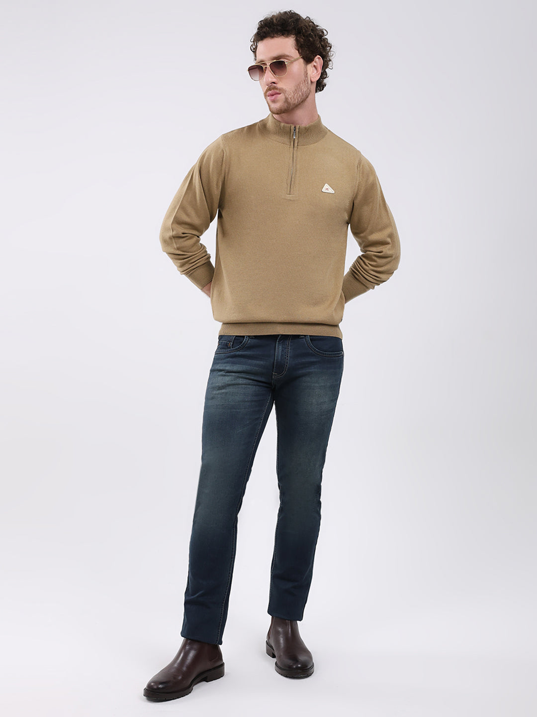 Men Khaki Solid Mock Neck Full Sleeve Pullover