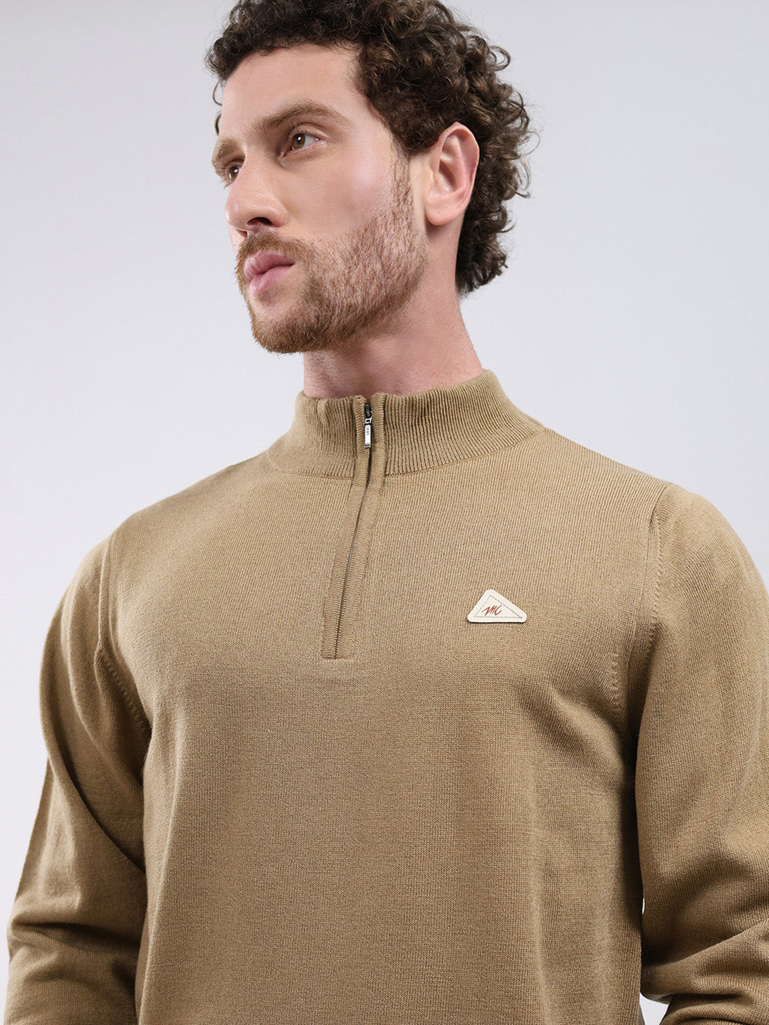 Men Khaki Solid Mock Neck Full Sleeve Pullover
