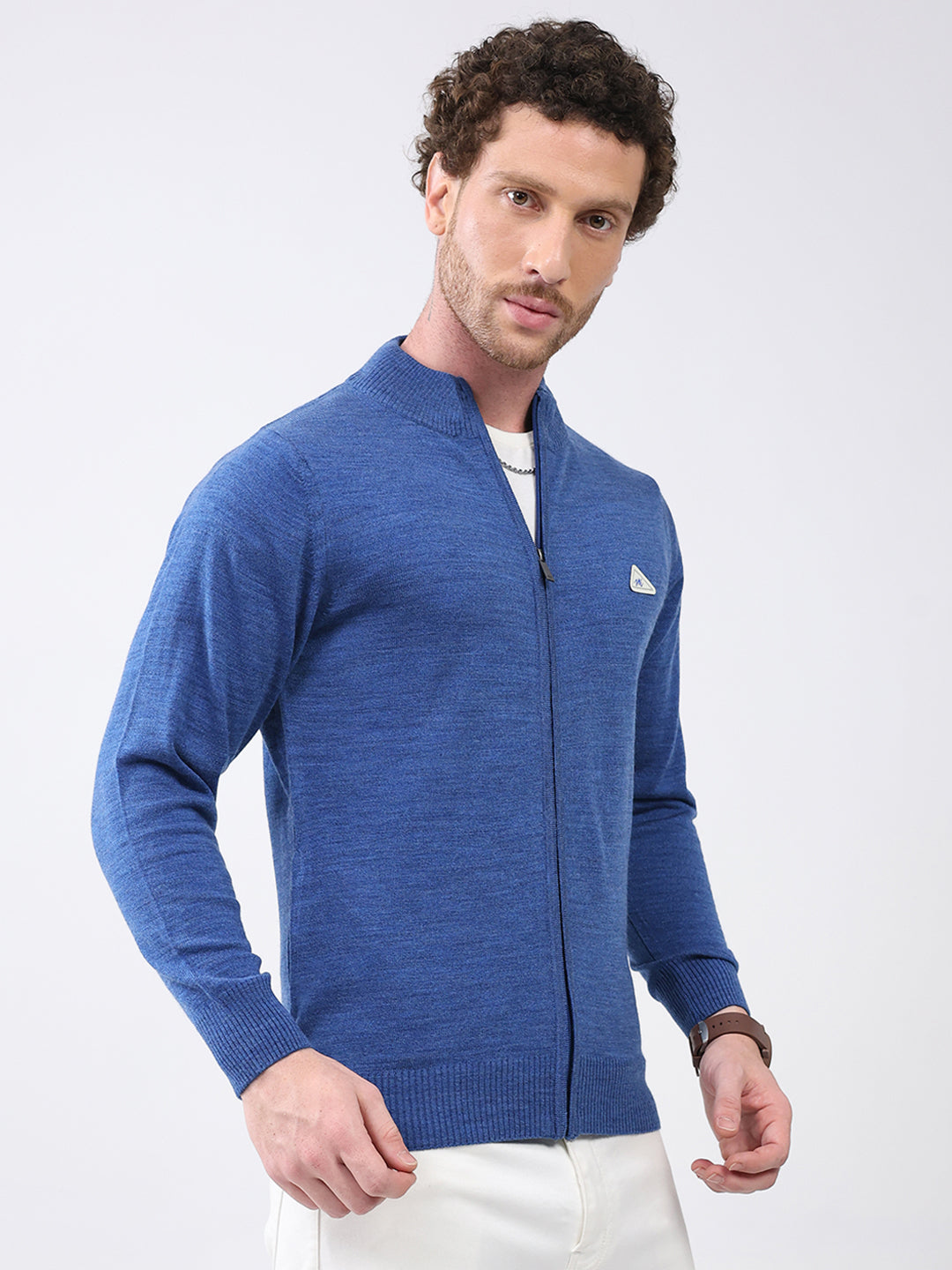 Men Blue Solid Mock Neck Full Sleeve Pullover