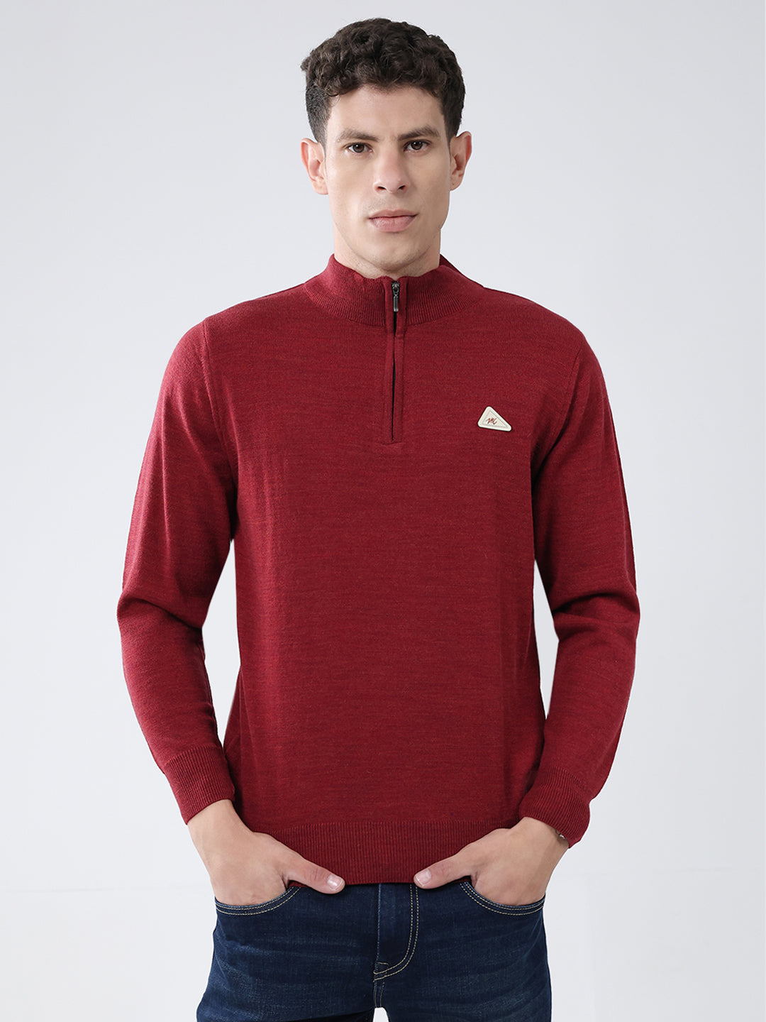 Men Red Solid Mock Neck Full Sleeve Pullover