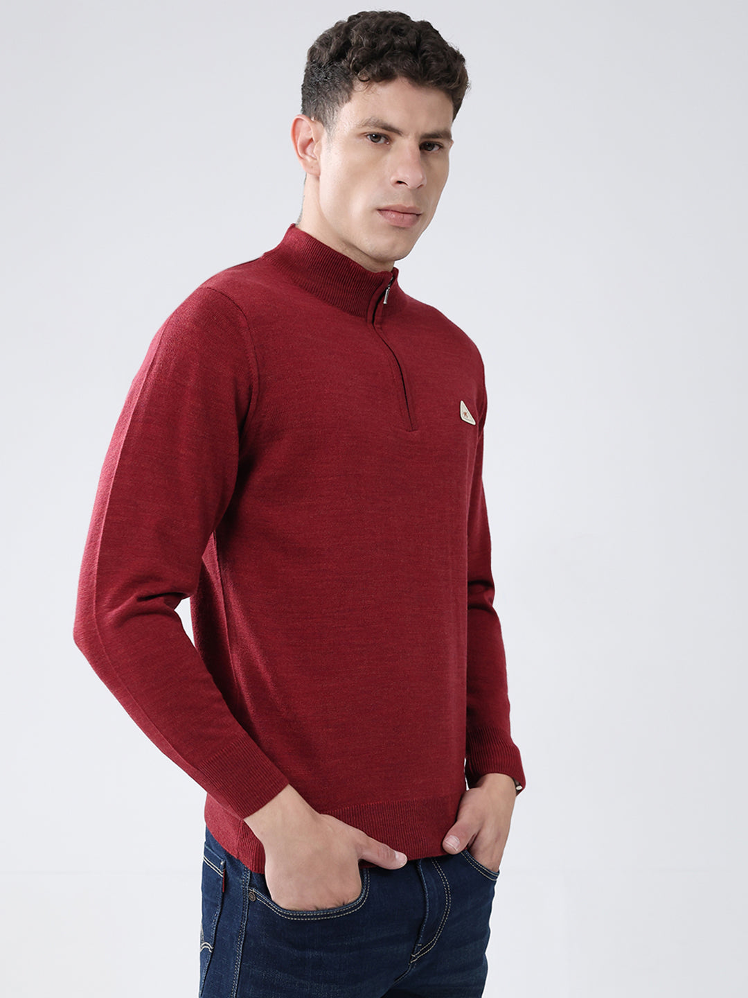 Men Red Solid Mock Neck Full Sleeve Pullover