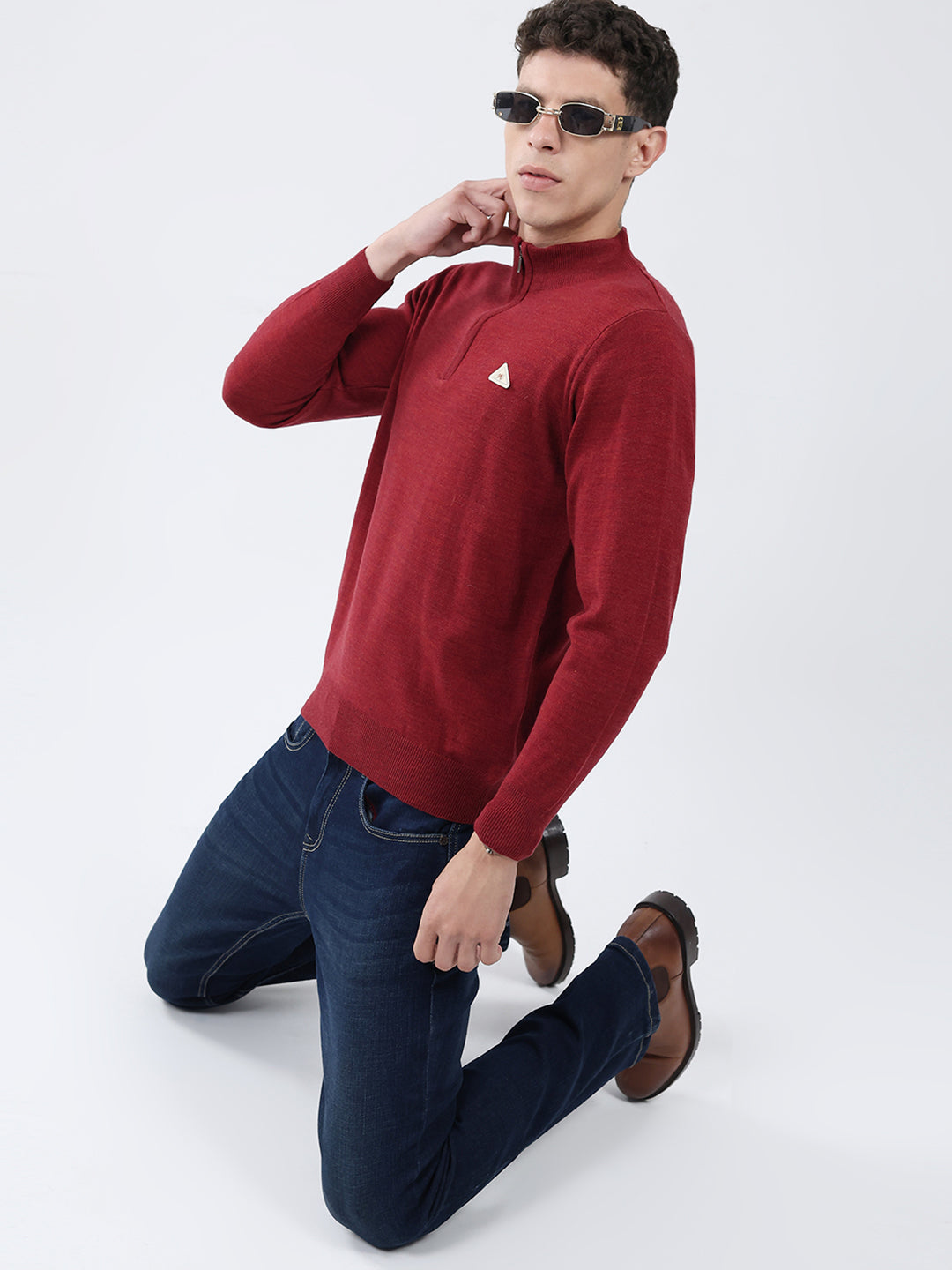 Men Red Solid Mock Neck Full Sleeve Pullover