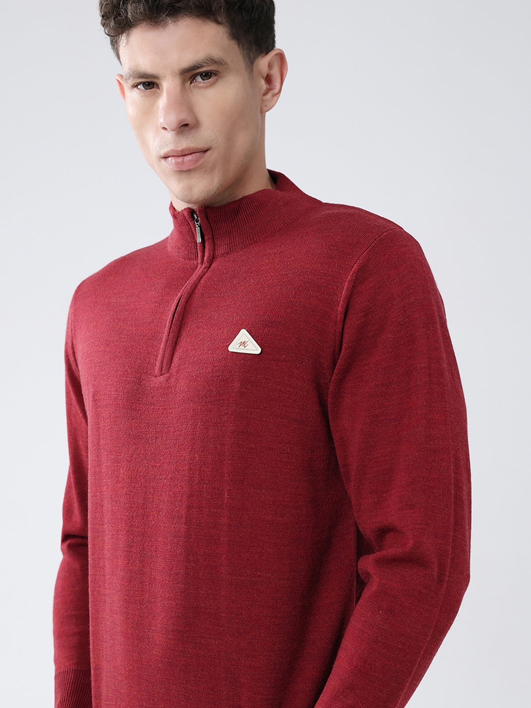 Men Red Solid Mock Neck Full Sleeve Pullover