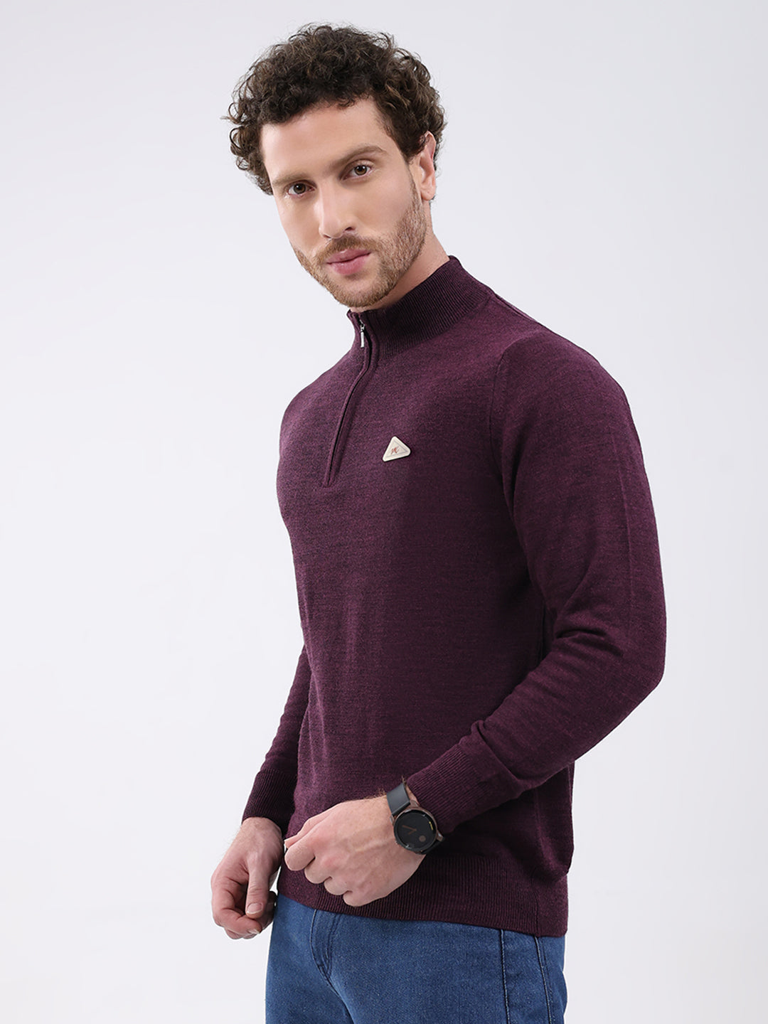 Men Purple Solid Mock Neck Full Sleeve Pullover