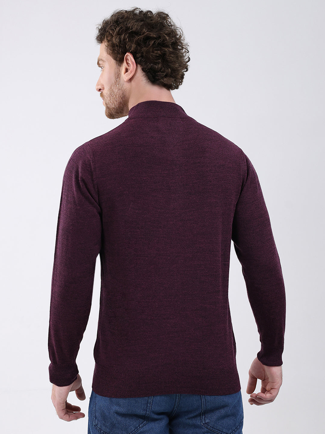 Men Purple Solid Mock Neck Full Sleeve Pullover