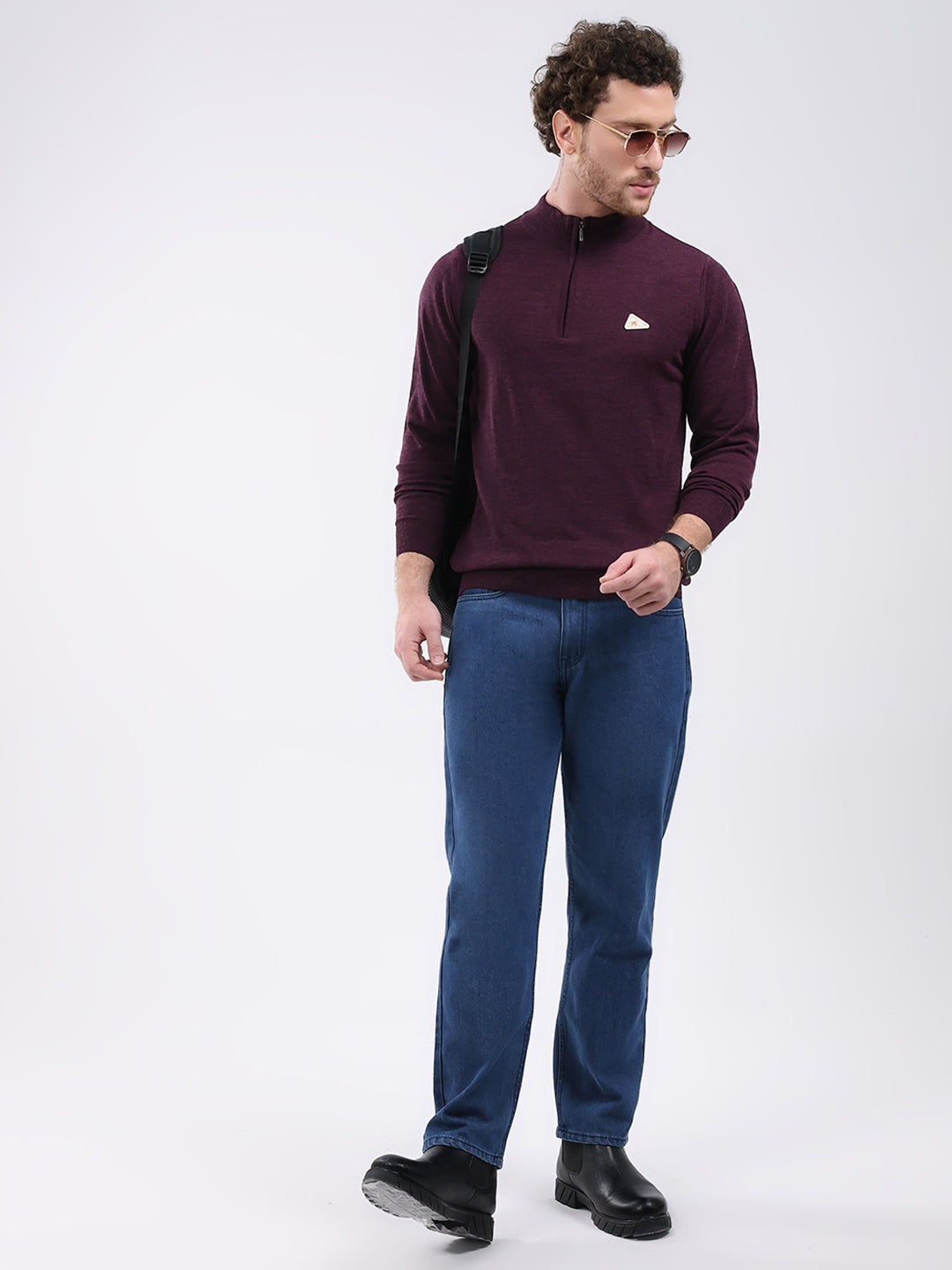 Men Purple Solid Mock Neck Full Sleeve Pullover