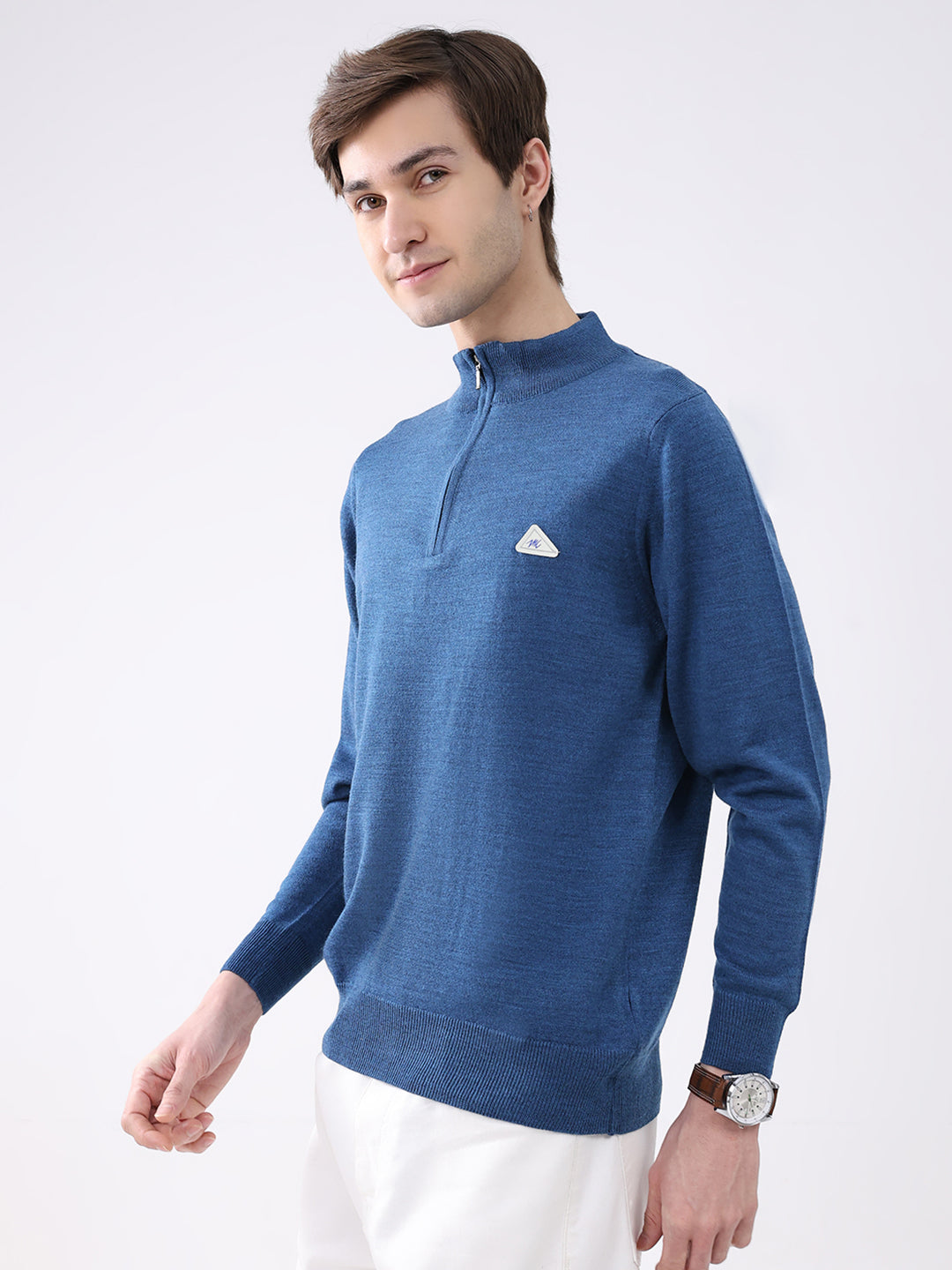 Men Blue Solid Mock Neck Full Sleeve Pullover