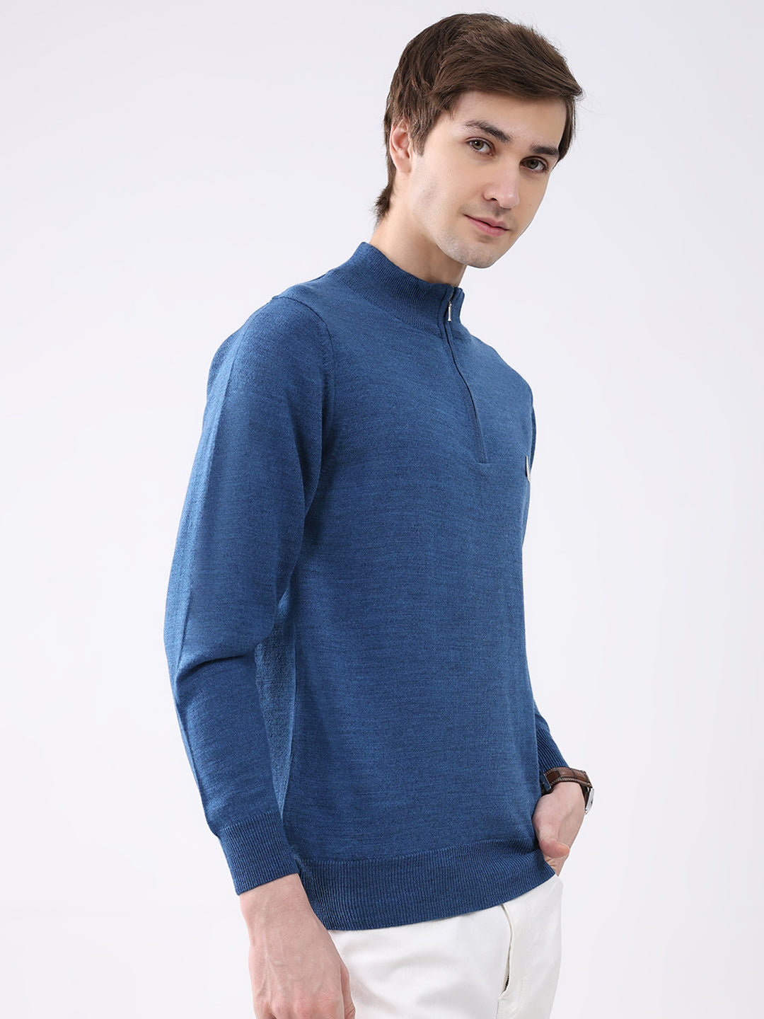 Men Blue Solid Mock Neck Full Sleeve Pullover