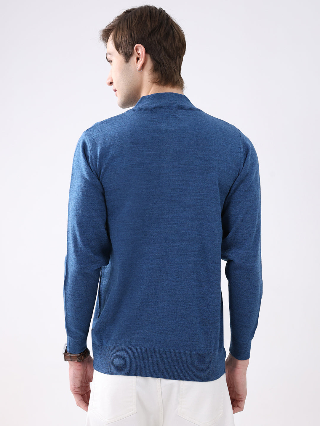 Men Blue Solid Mock Neck Full Sleeve Pullover