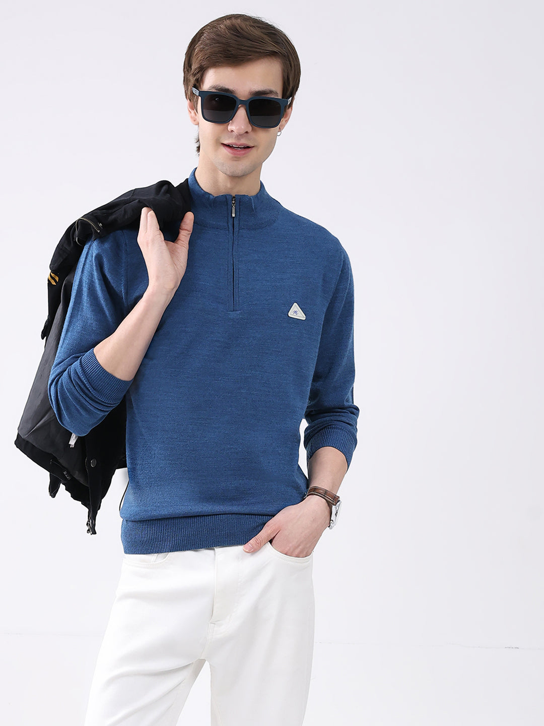 Men Blue Solid Mock Neck Full Sleeve Pullover