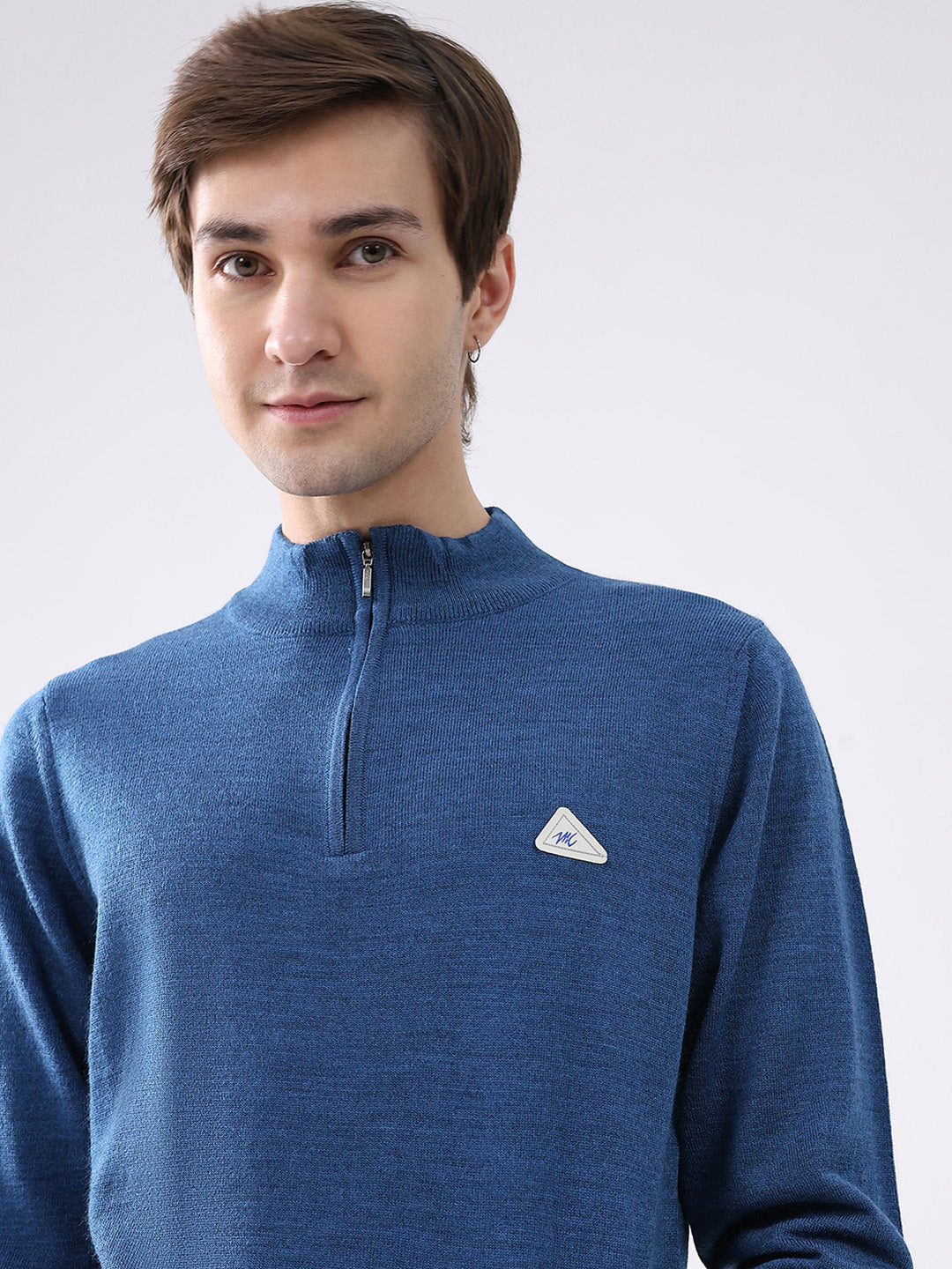 Men Blue Solid Mock Neck Full Sleeve Pullover