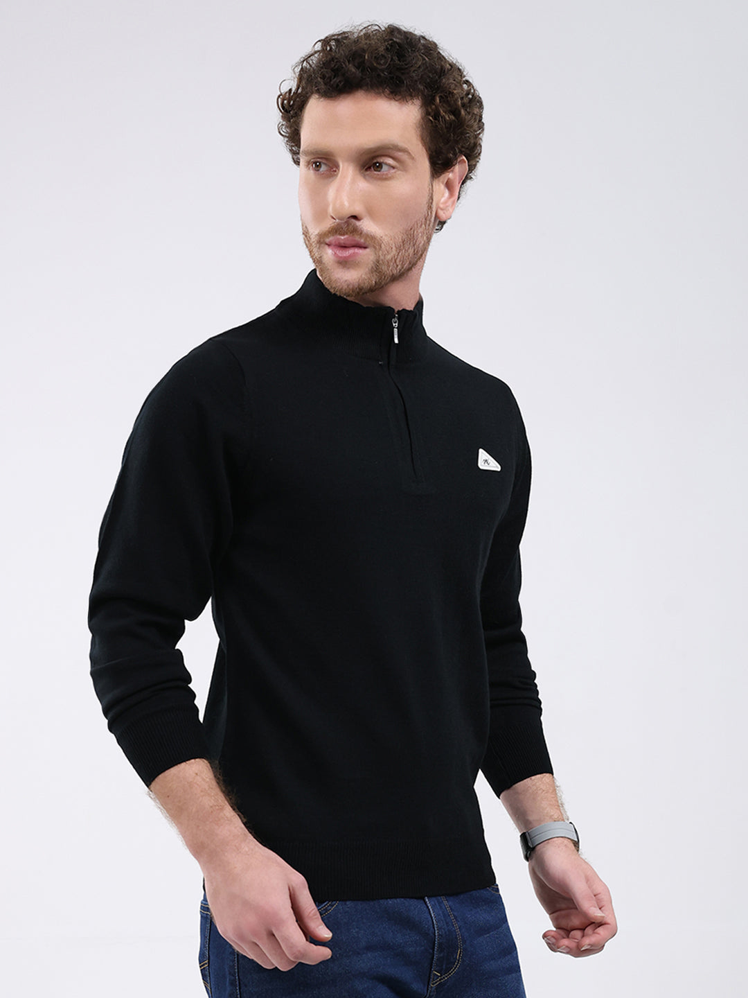 Men Black Solid Mock Neck Full Sleeve Pullover