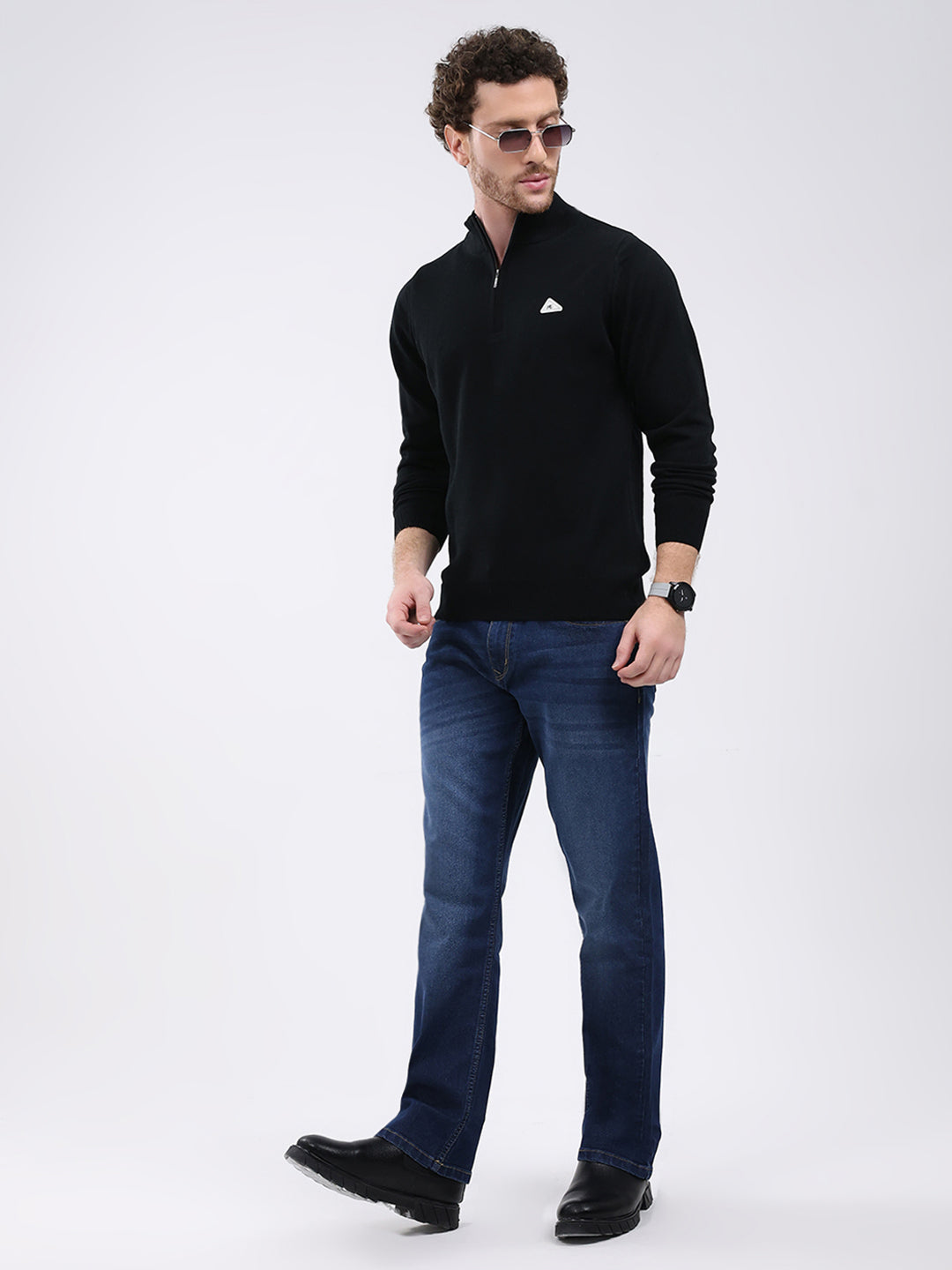 Men Black Solid Mock Neck Full Sleeve Pullover