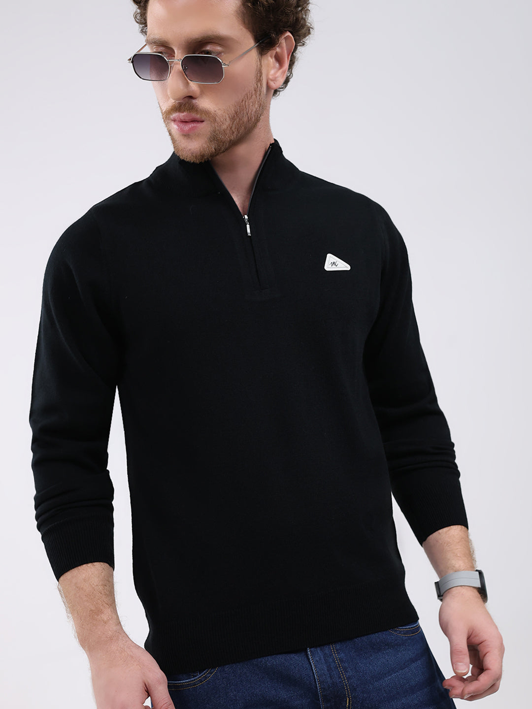 Men Black Solid Mock Neck Full Sleeve Pullover