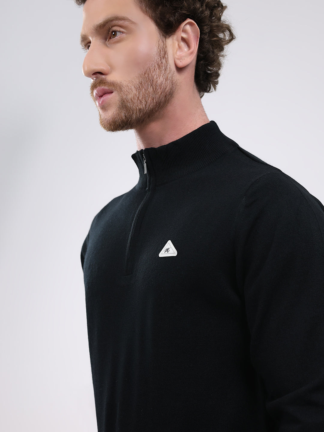 Men Black Solid Mock Neck Full Sleeve Pullover