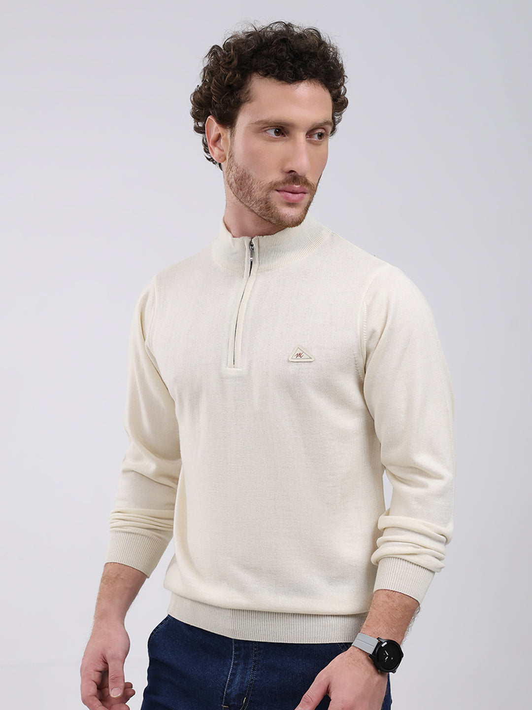 Men Cream Solid Mock Neck Full Sleeve Pullover
