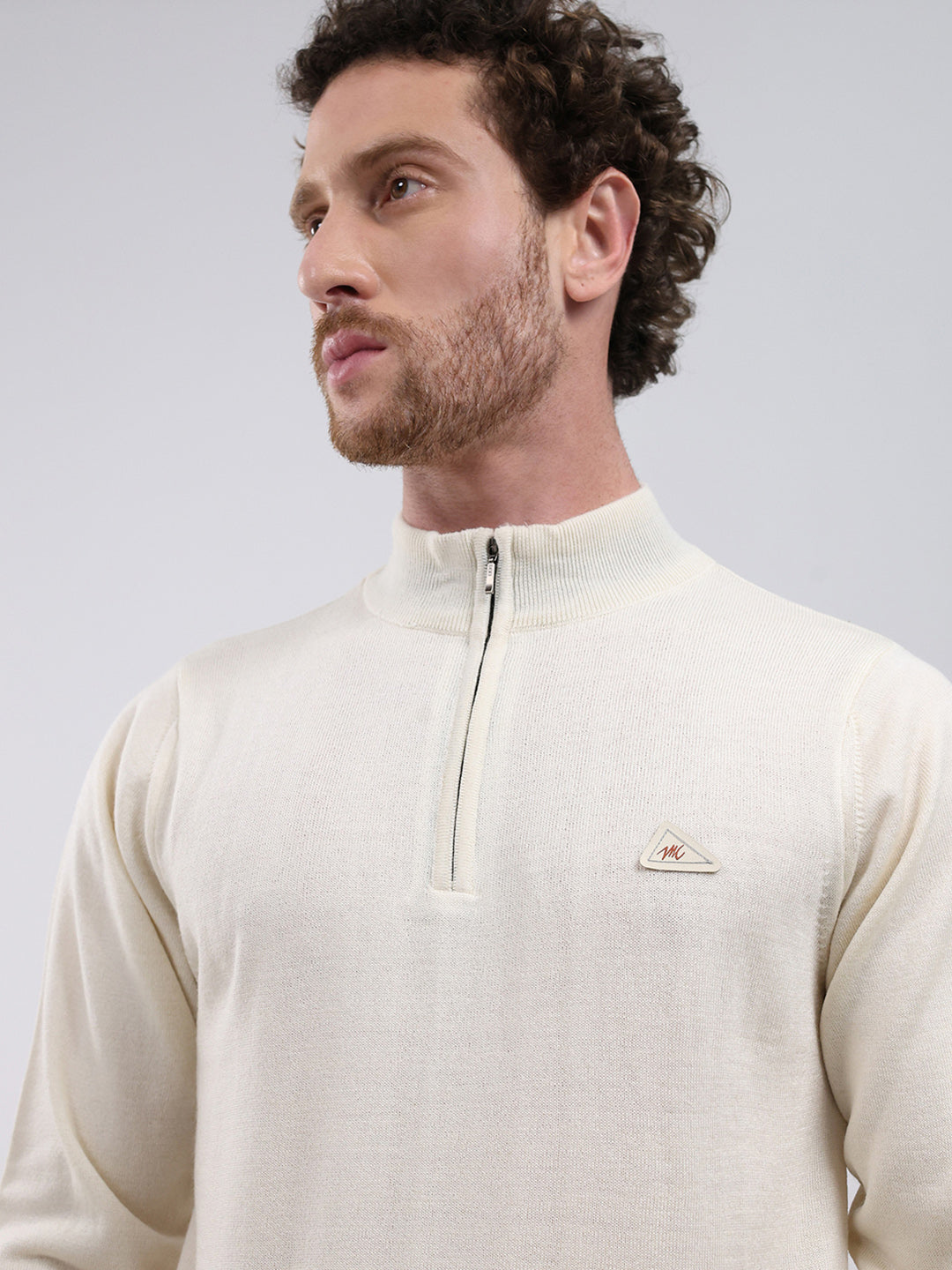 Men Cream Solid Mock Neck Full Sleeve Pullover