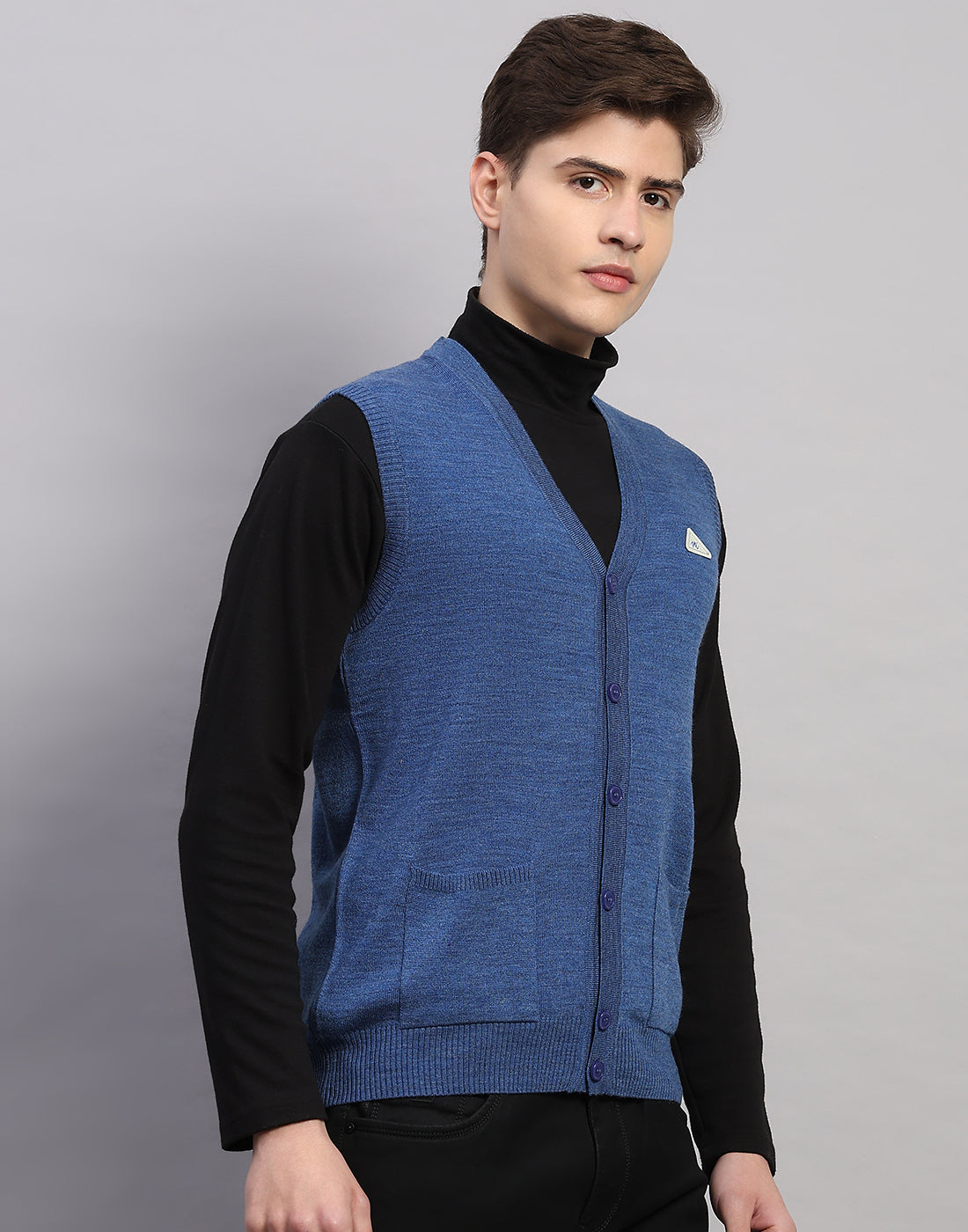 Men Blue Solid V Neck Sleeveless Cardigan