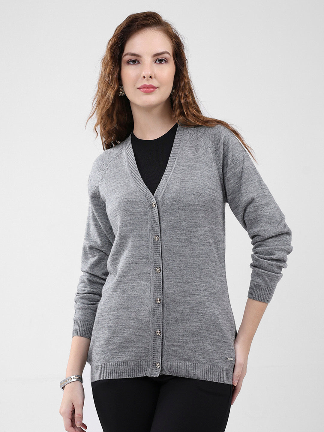 Women Grey Solid V Neck Full Sleeve Cardigan