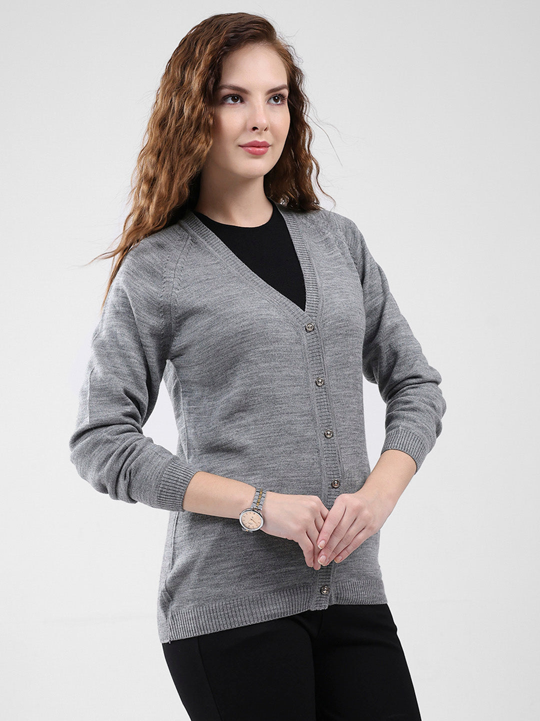 Women Grey Solid V Neck Full Sleeve Cardigan