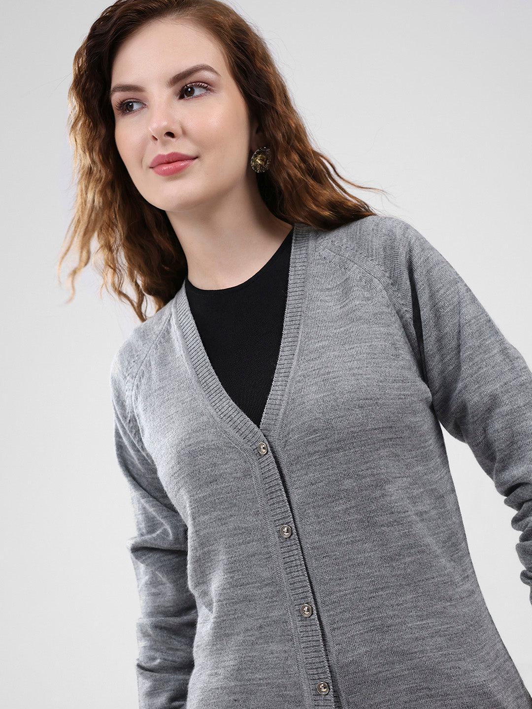 Women Grey Solid V Neck Full Sleeve Cardigan