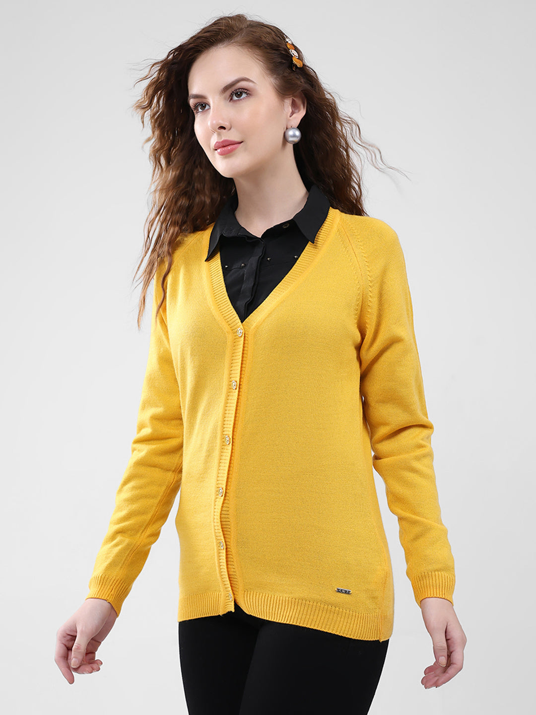 Women Yellow Solid V Neck Full Sleeve Cardigan