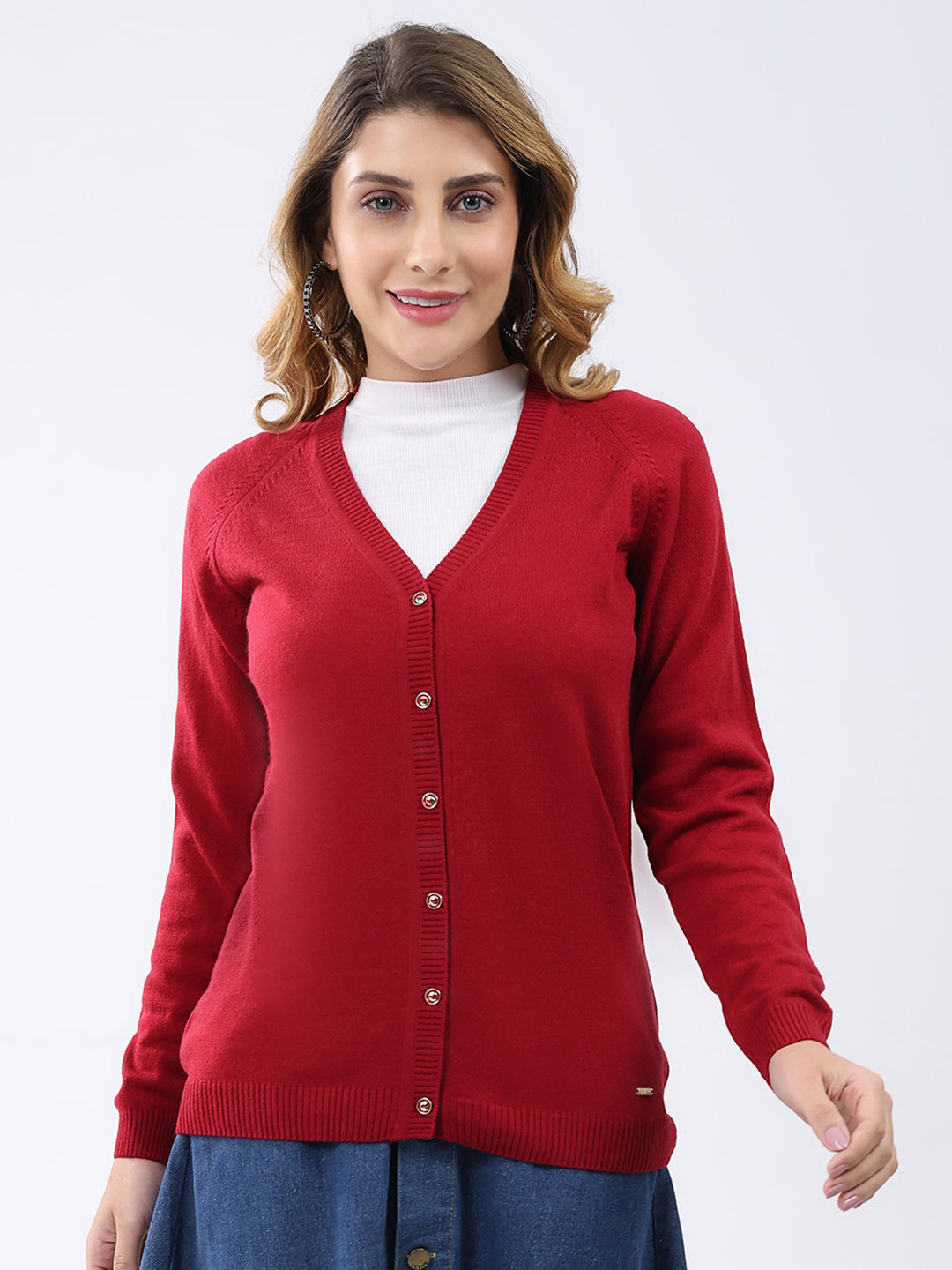 Women Red Solid V Neck Full Sleeve Cardigan