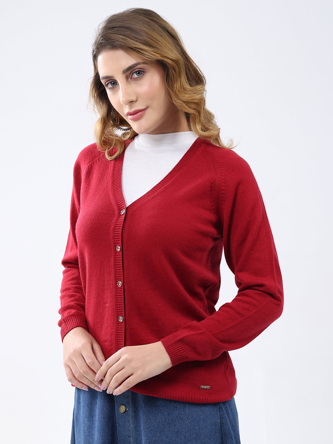 Women Red Solid V Neck Full Sleeve Cardigan