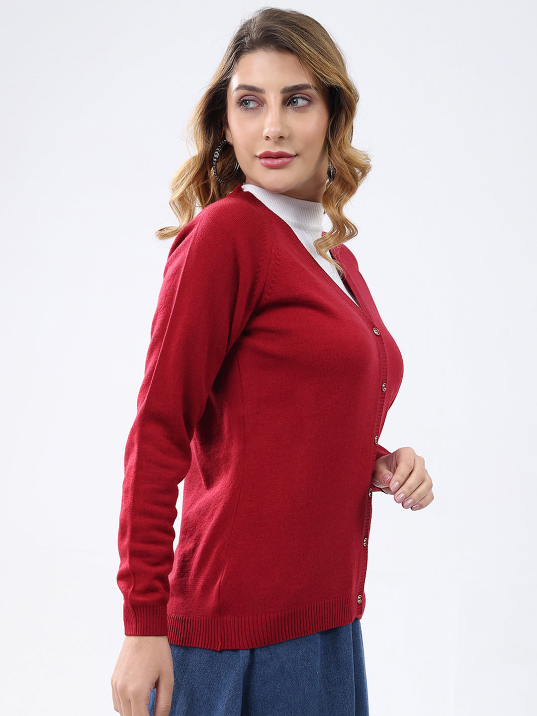 Women Red Solid V Neck Full Sleeve Cardigan