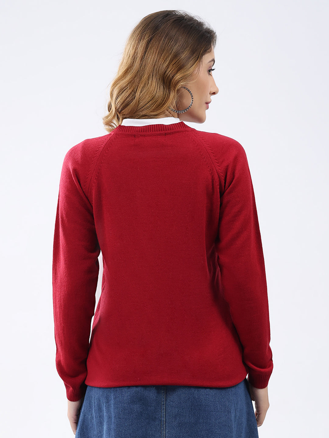 Women Red Solid V Neck Full Sleeve Cardigan