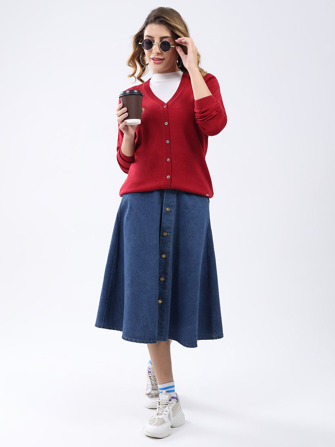 Women Red Solid V Neck Full Sleeve Cardigan