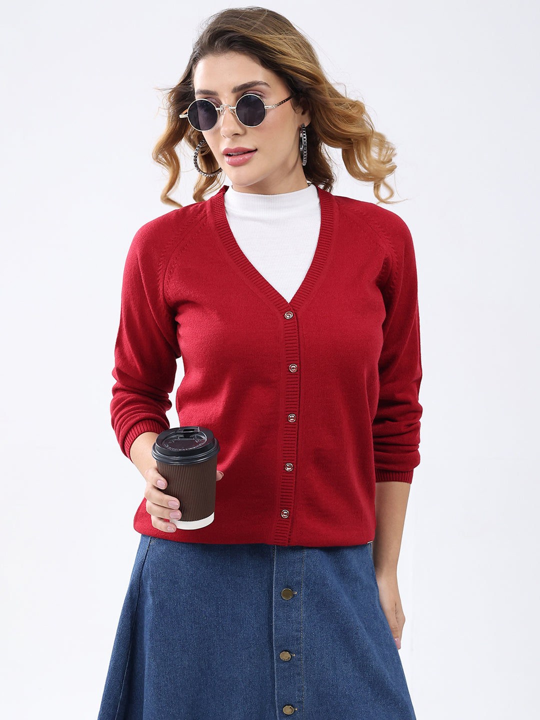 Women Red Solid V Neck Full Sleeve Cardigan