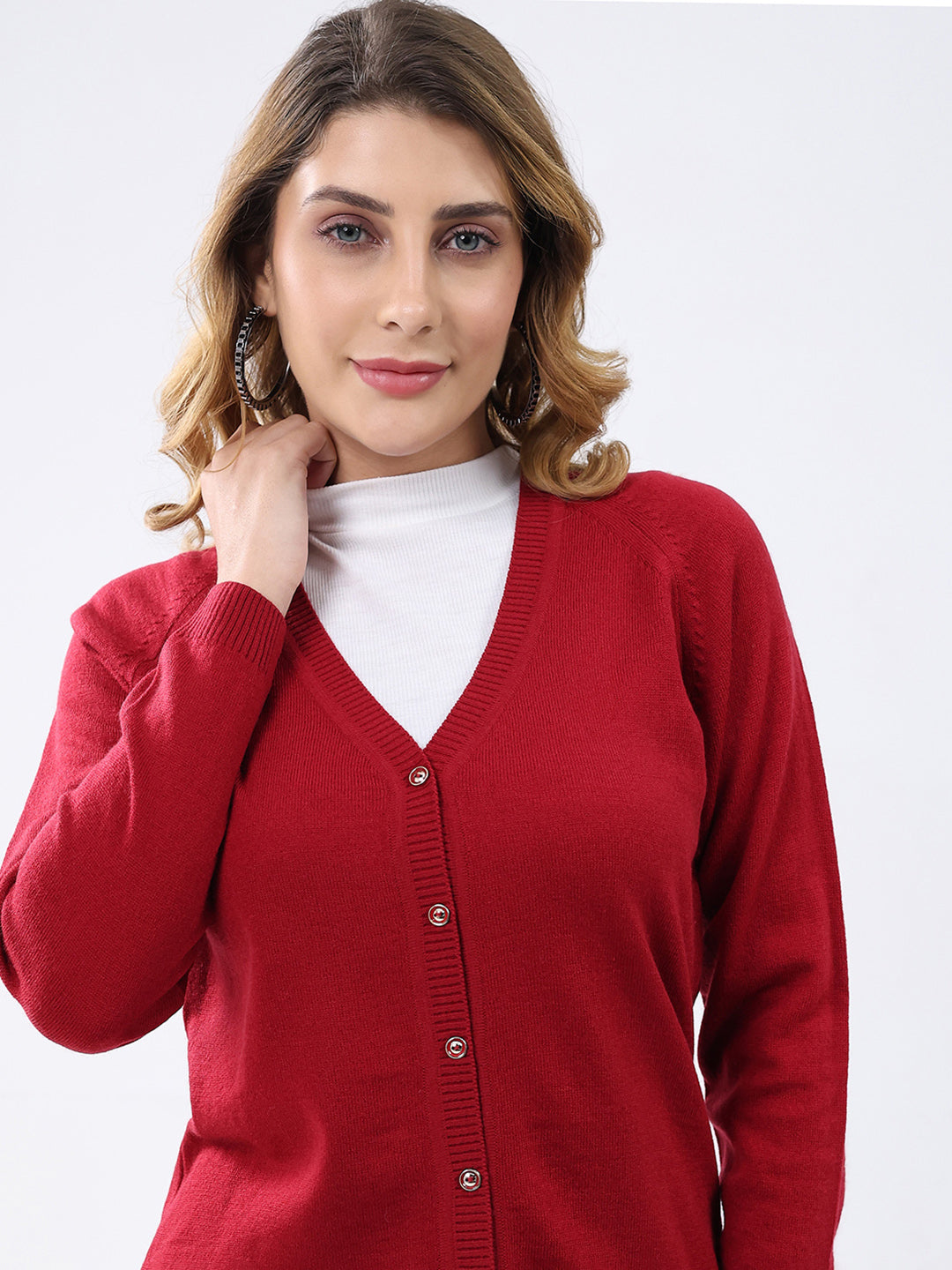 Women Red Solid V Neck Full Sleeve Cardigan