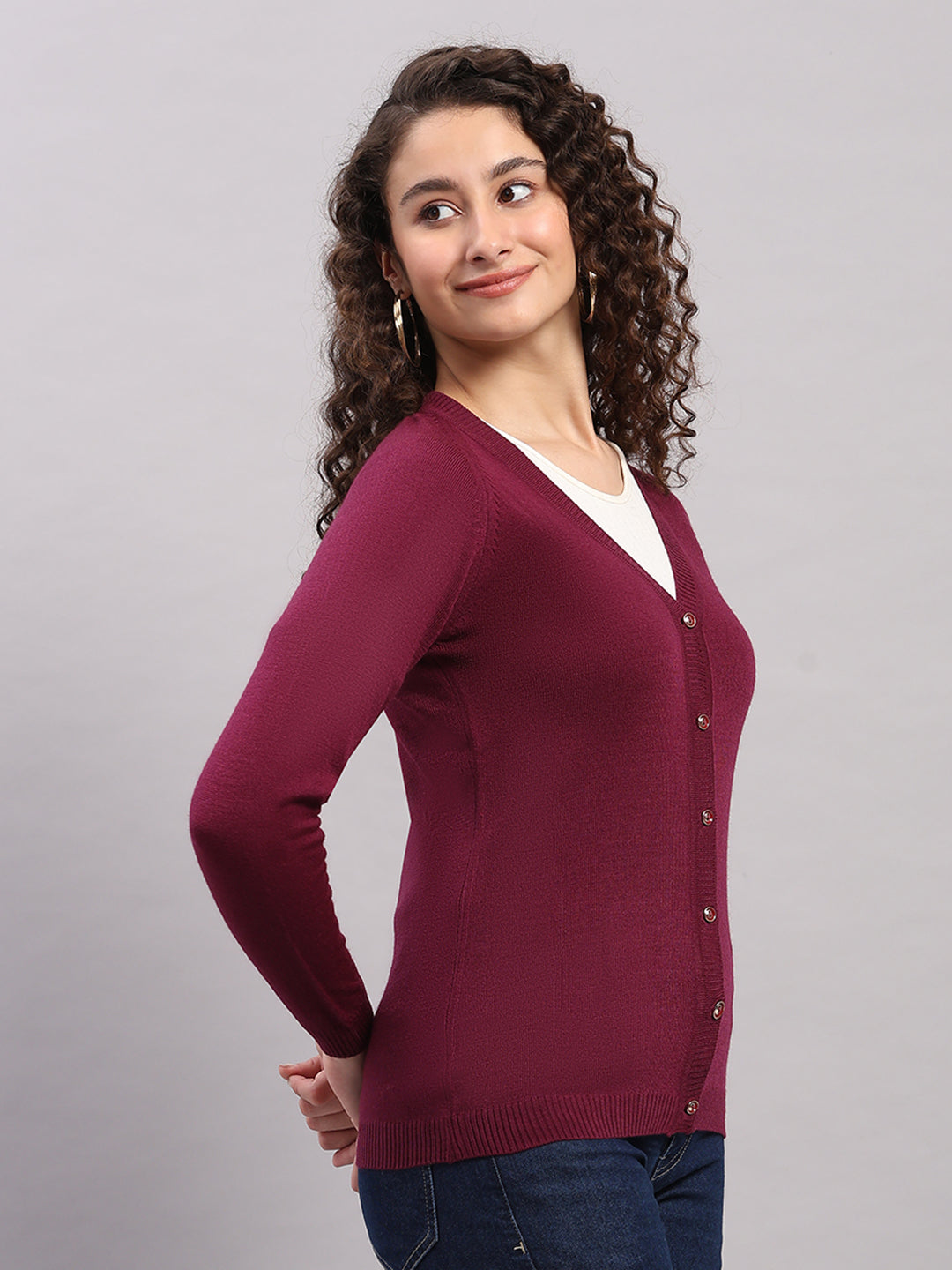 Women Purple Solid V Neck Full Sleeve Cardigan