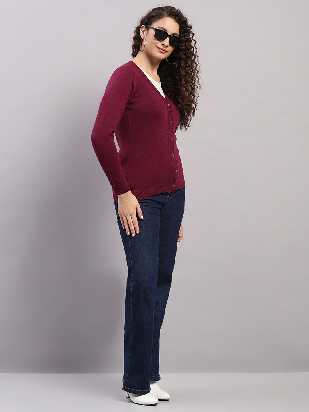 Women Purple Solid V Neck Full Sleeve Cardigan