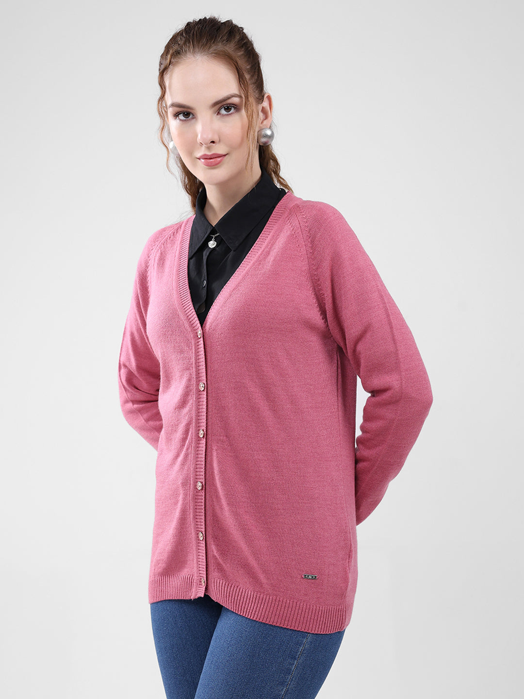 Women Pink Solid V Neck Full Sleeve Cardigan