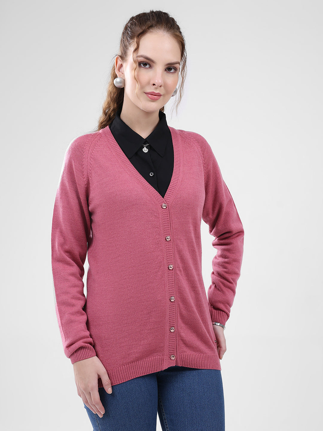 Women Pink Solid V Neck Full Sleeve Cardigan