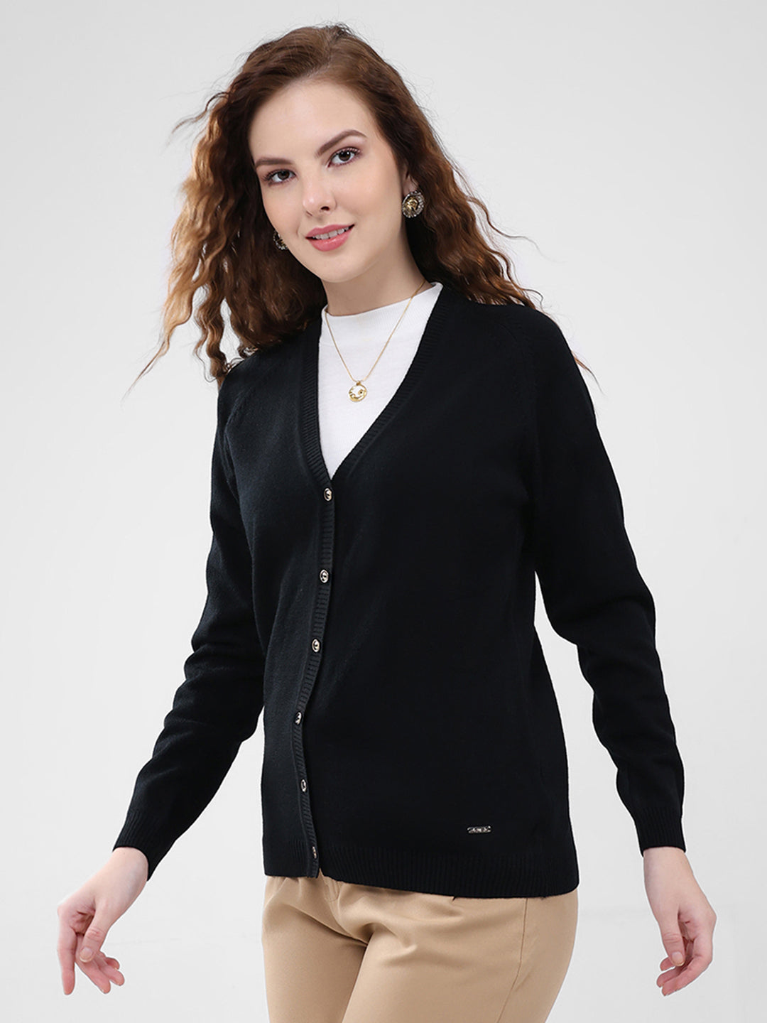 Women Black Solid V Neck Full Sleeve Cardigan