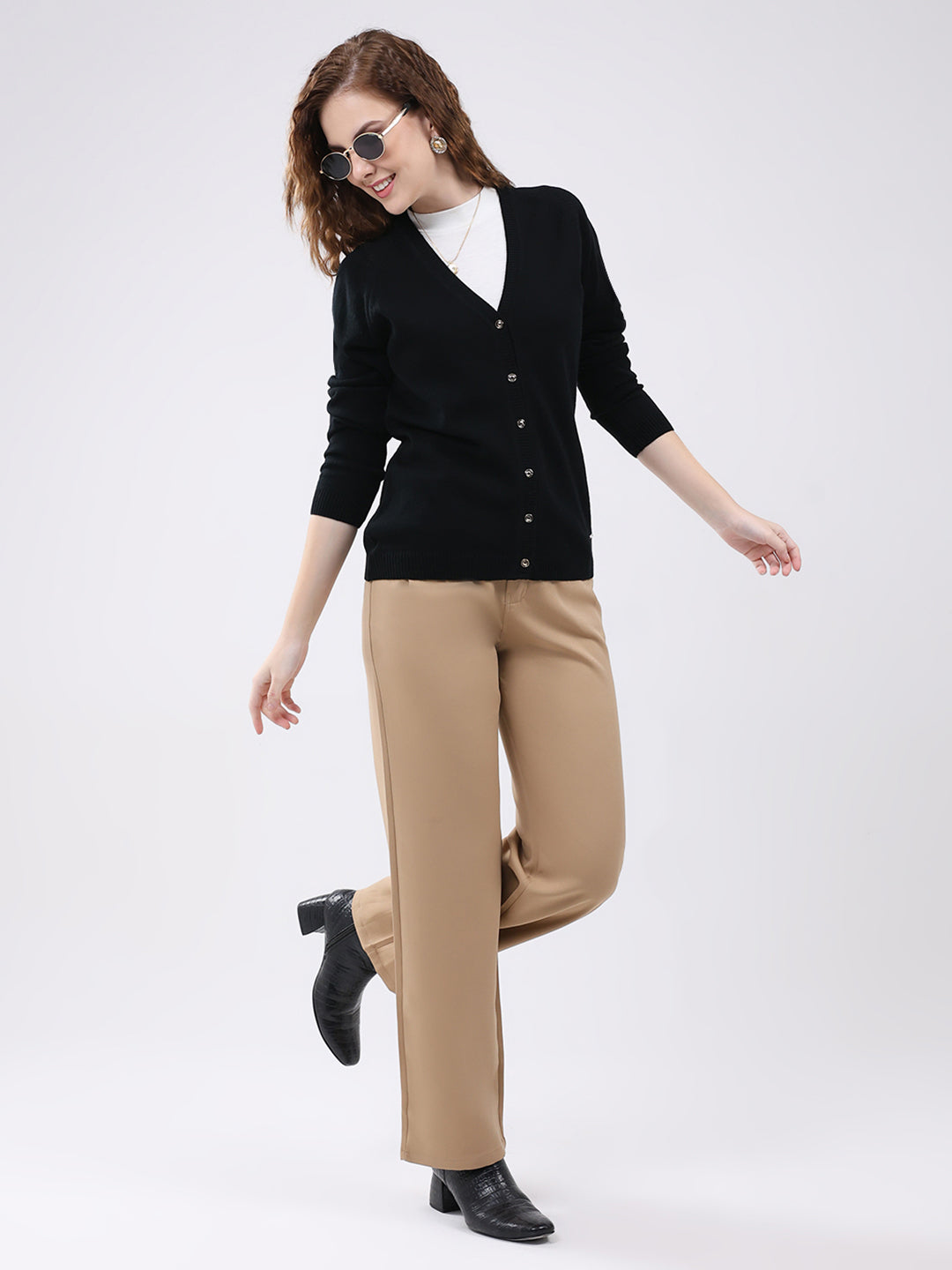 Women Black Solid V Neck Full Sleeve Cardigan