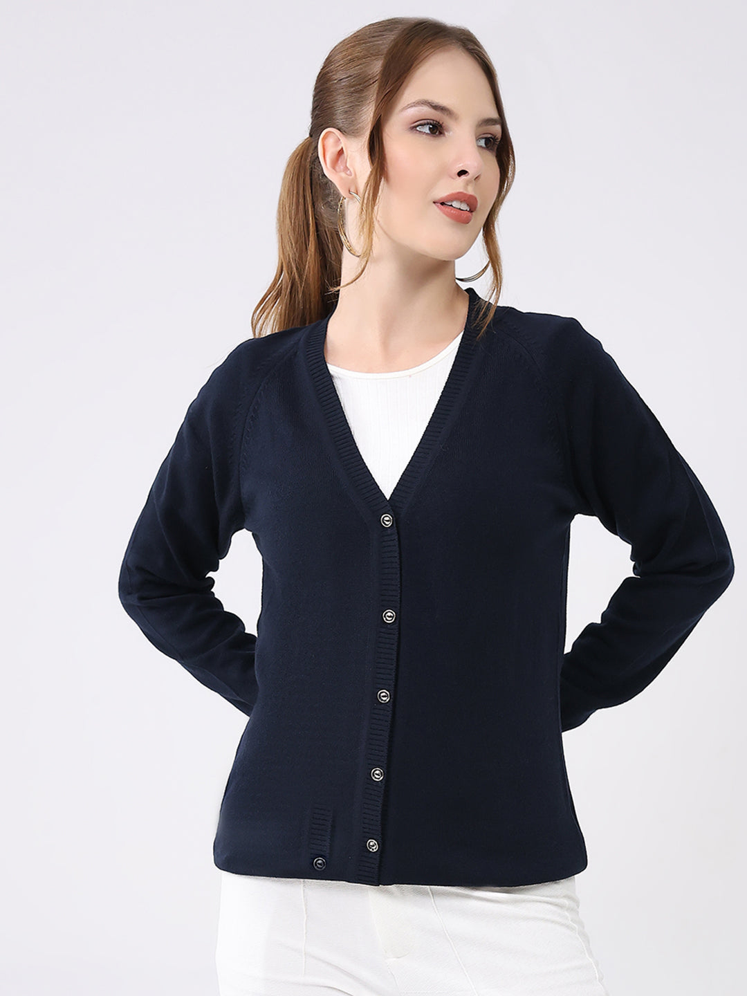 Women Navy Blue Solid V Neck Full Sleeve Cardigan