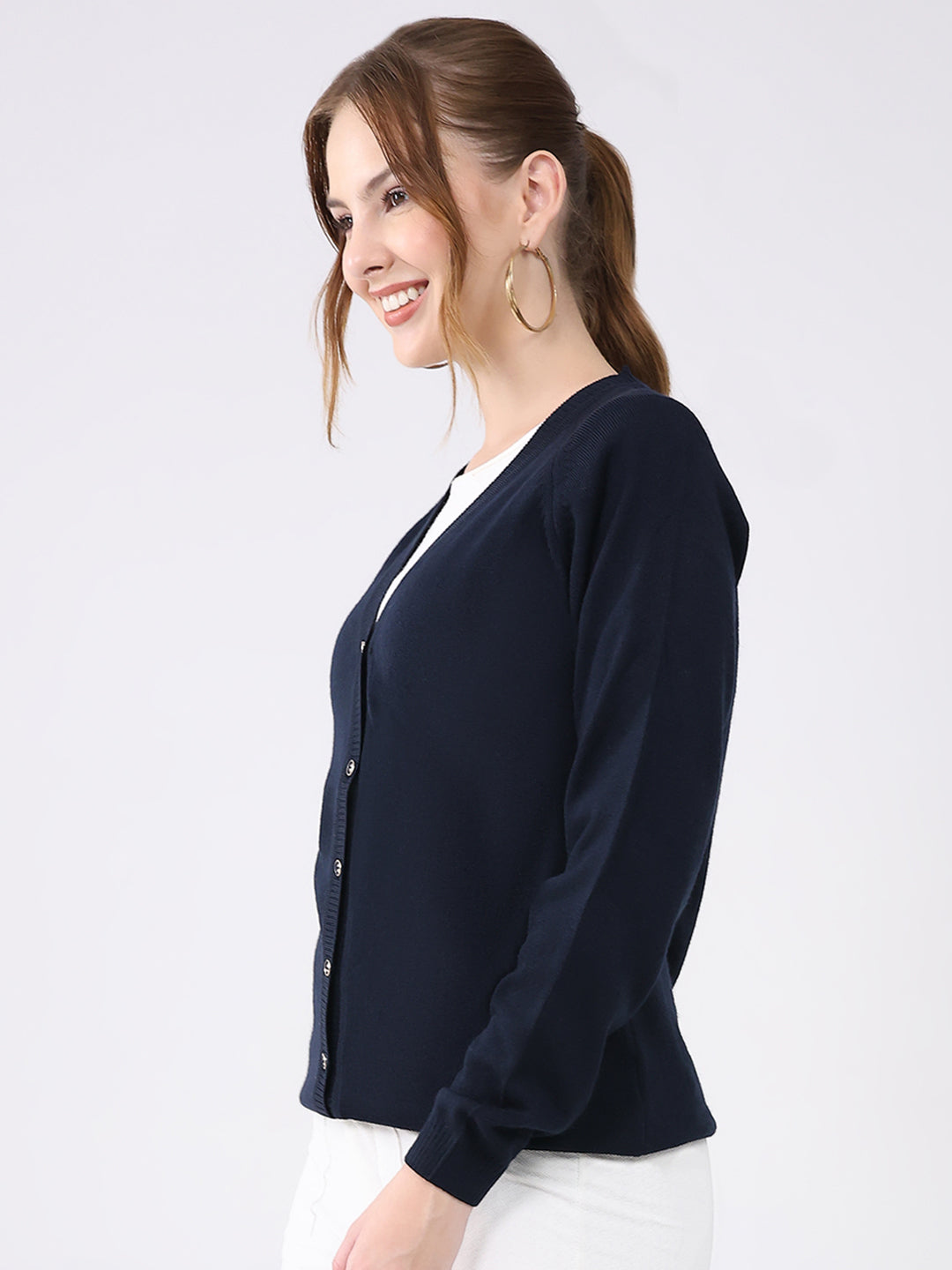 Women Navy Blue Solid V Neck Full Sleeve Cardigan