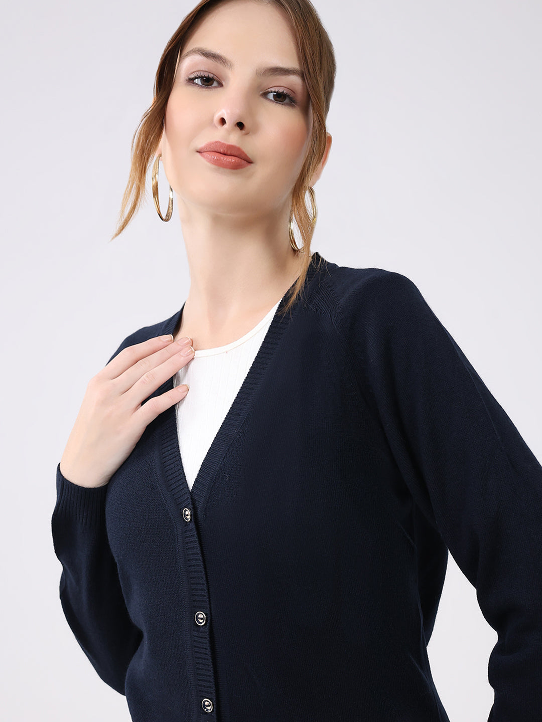 Women Navy Blue Solid V Neck Full Sleeve Cardigan