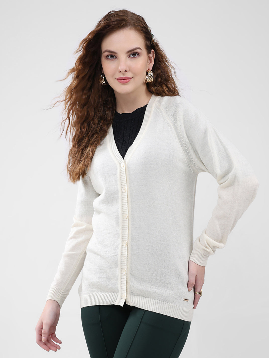 Women Cream Solid V Neck Full Sleeve Cardigan
